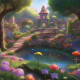 A Pixar-inspired scene of a secret enchanted garden