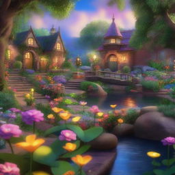 A Pixar-inspired scene of a secret enchanted garden