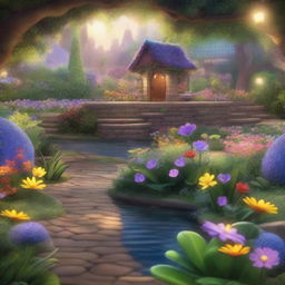 A Pixar-inspired scene of a secret enchanted garden