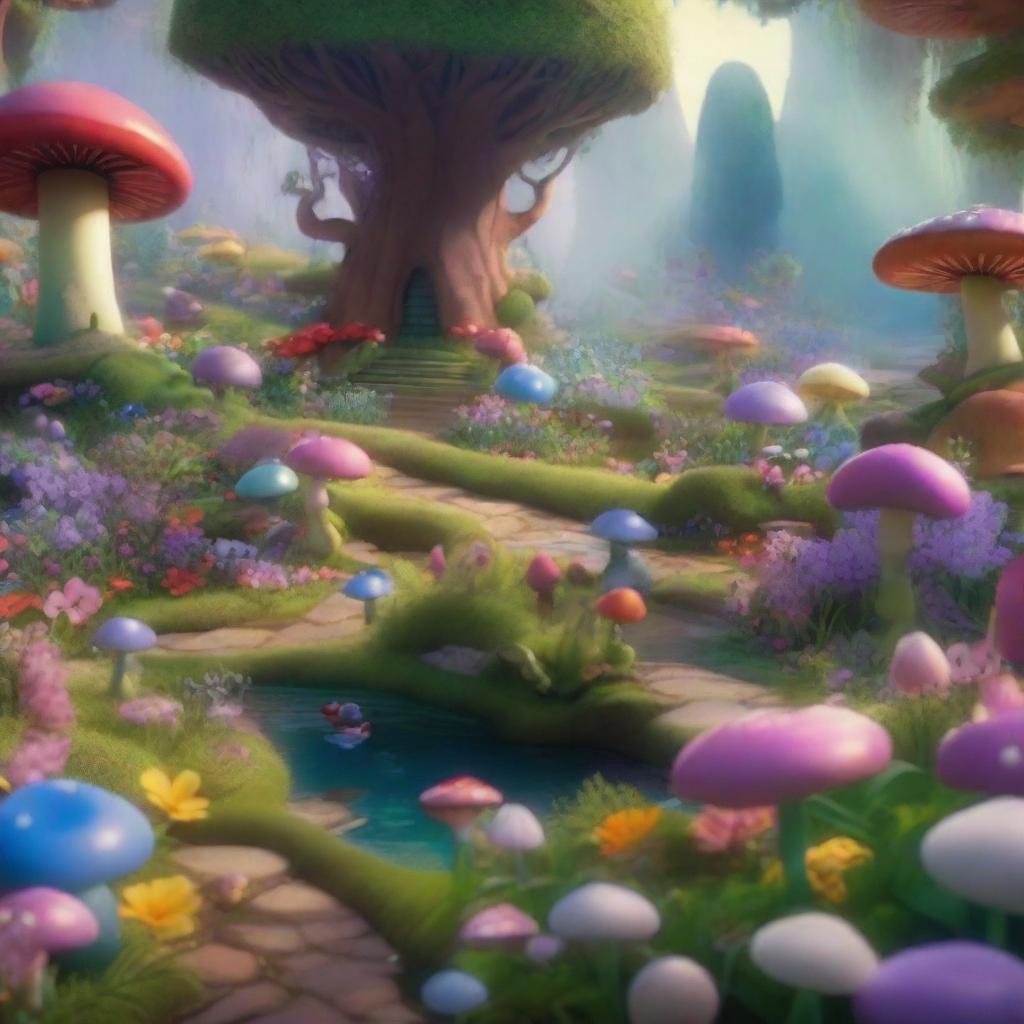 A Pixar-inspired scene of a garden from Alice in Wonderland