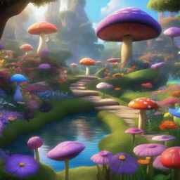 A Pixar-inspired scene of a garden from Alice in Wonderland