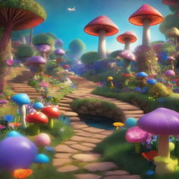 A Pixar-inspired scene of a garden from Alice in Wonderland