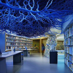 A unique library inspired by the structure of a human brain; intricate neuron-like bookshelves, lobule-inspired reading corners, and cerebral cortex themed entrance.