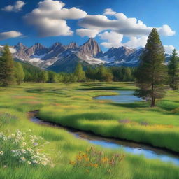 Generate a serene and picturesque landscape featuring a lush green meadow with colorful wildflowers in full bloom