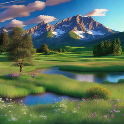 Generate a serene and picturesque landscape featuring a lush green meadow with colorful wildflowers in full bloom