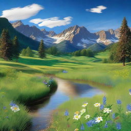 Generate a serene and picturesque landscape featuring a lush green meadow with colorful wildflowers in full bloom