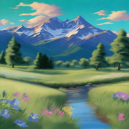 Generate a serene and picturesque landscape featuring a lush green meadow with colorful wildflowers in full bloom