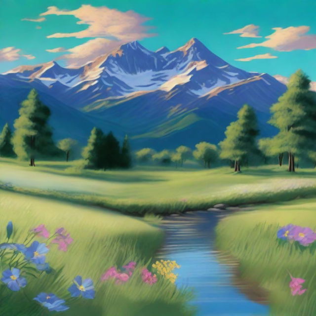 Generate a serene and picturesque landscape featuring a lush green meadow with colorful wildflowers in full bloom