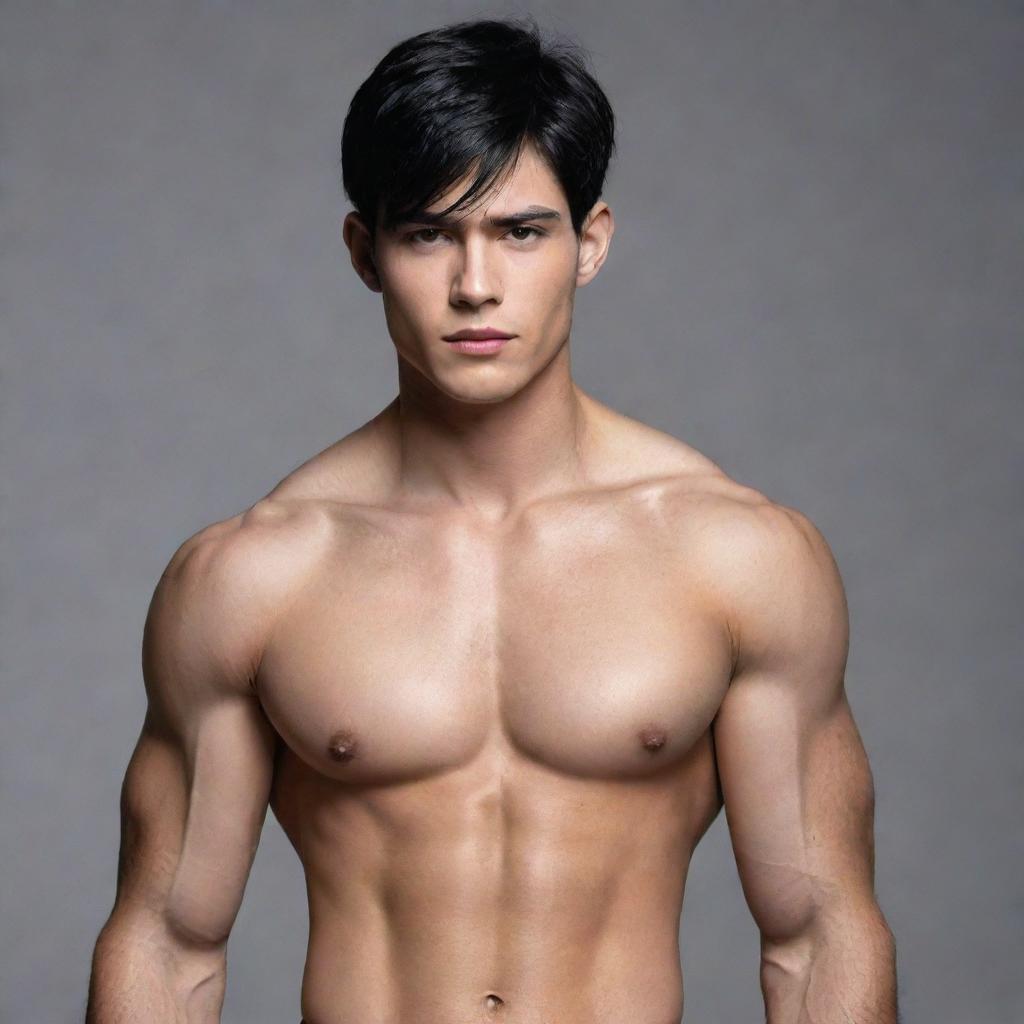 Create an attractive boy with jet black hair in a long wolf cut, a small cute face filled with charm and broad shoulders, enhancing his masculine physique.