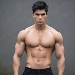 Create an attractive boy with jet black hair in a long wolf cut, a small cute face filled with charm and broad shoulders, enhancing his masculine physique.