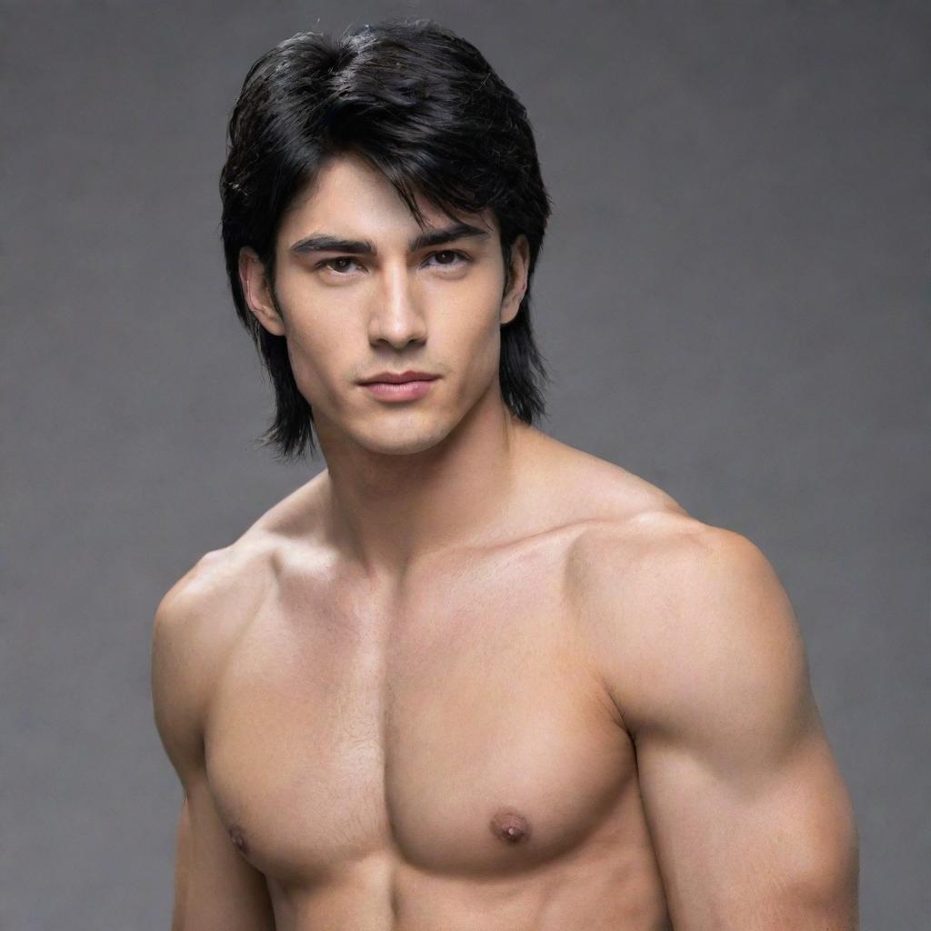 Create an attractive boy with jet black hair in a long wolf cut, a small cute face filled with charm and broad shoulders, enhancing his masculine physique.