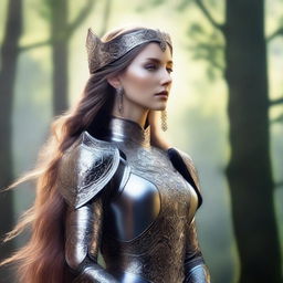 A regal elvish knight woman adorned in intricate armor and elegant jewelry