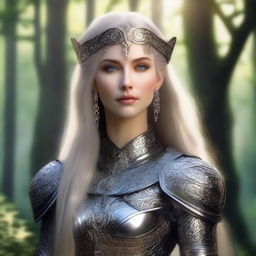 A regal elvish knight woman adorned in intricate armor and elegant jewelry