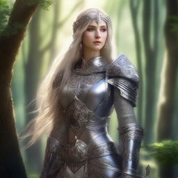 A regal elvish knight woman adorned in intricate armor and elegant jewelry