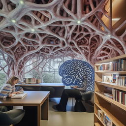 A unique library inspired by the structure of a human brain; intricate neuron-like bookshelves, lobule-inspired reading corners, and cerebral cortex themed entrance.