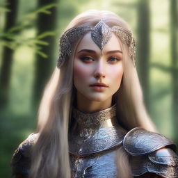 A regal elvish knight woman adorned in intricate armor and elegant jewelry