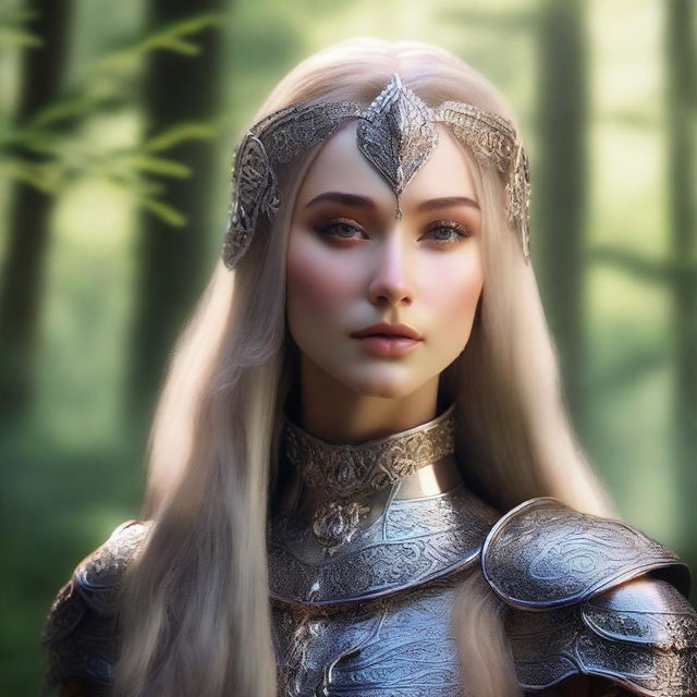 A regal elvish knight woman adorned in intricate armor and elegant jewelry