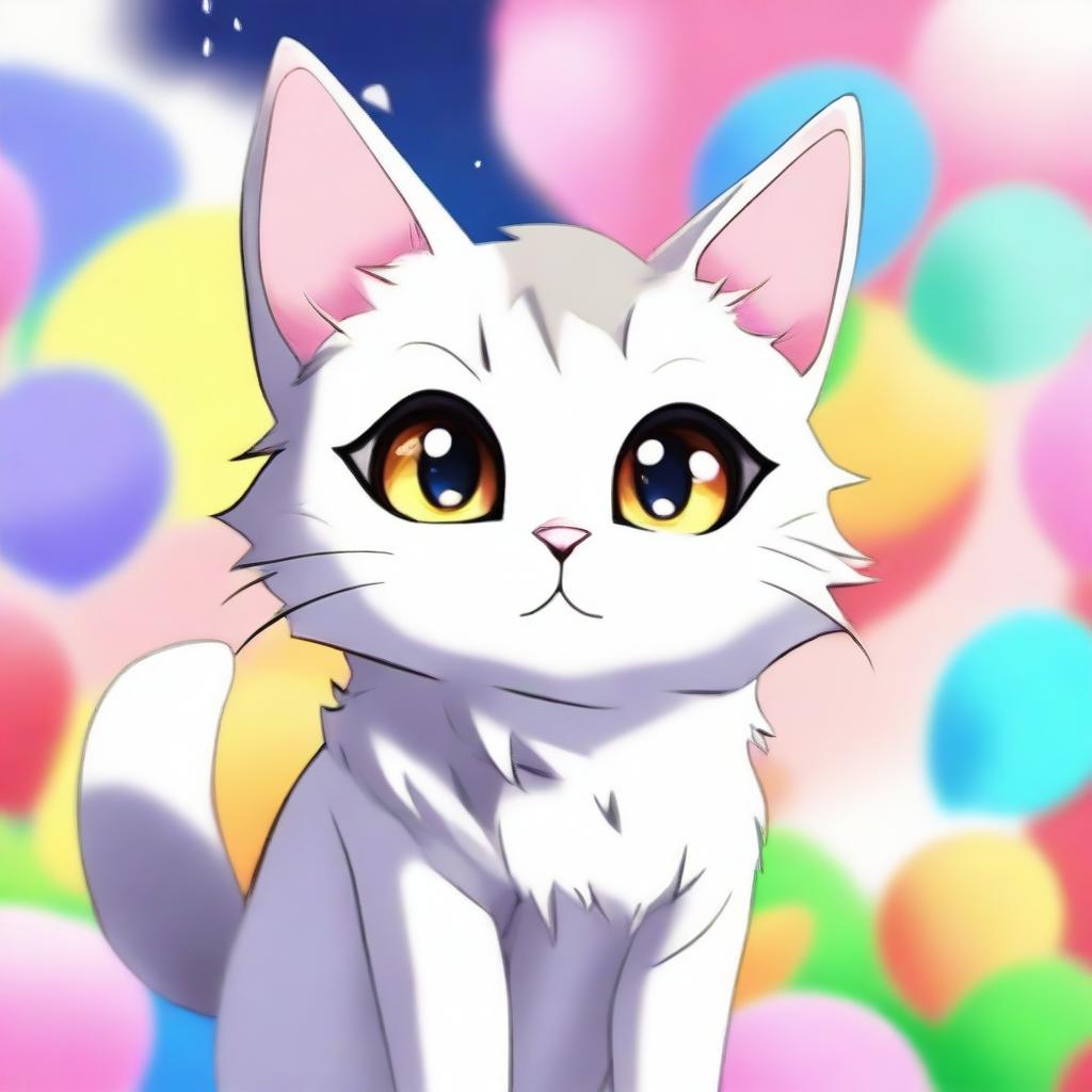 A cute cat depicted in an anime style, with large expressive eyes, a small nose, and a fluffy tail