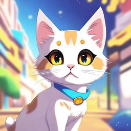 A cute cat depicted in an anime style, with large expressive eyes, a small nose, and a fluffy tail