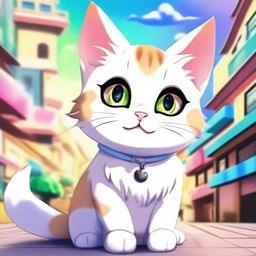 A cute cat depicted in an anime style, with large expressive eyes, a small nose, and a fluffy tail