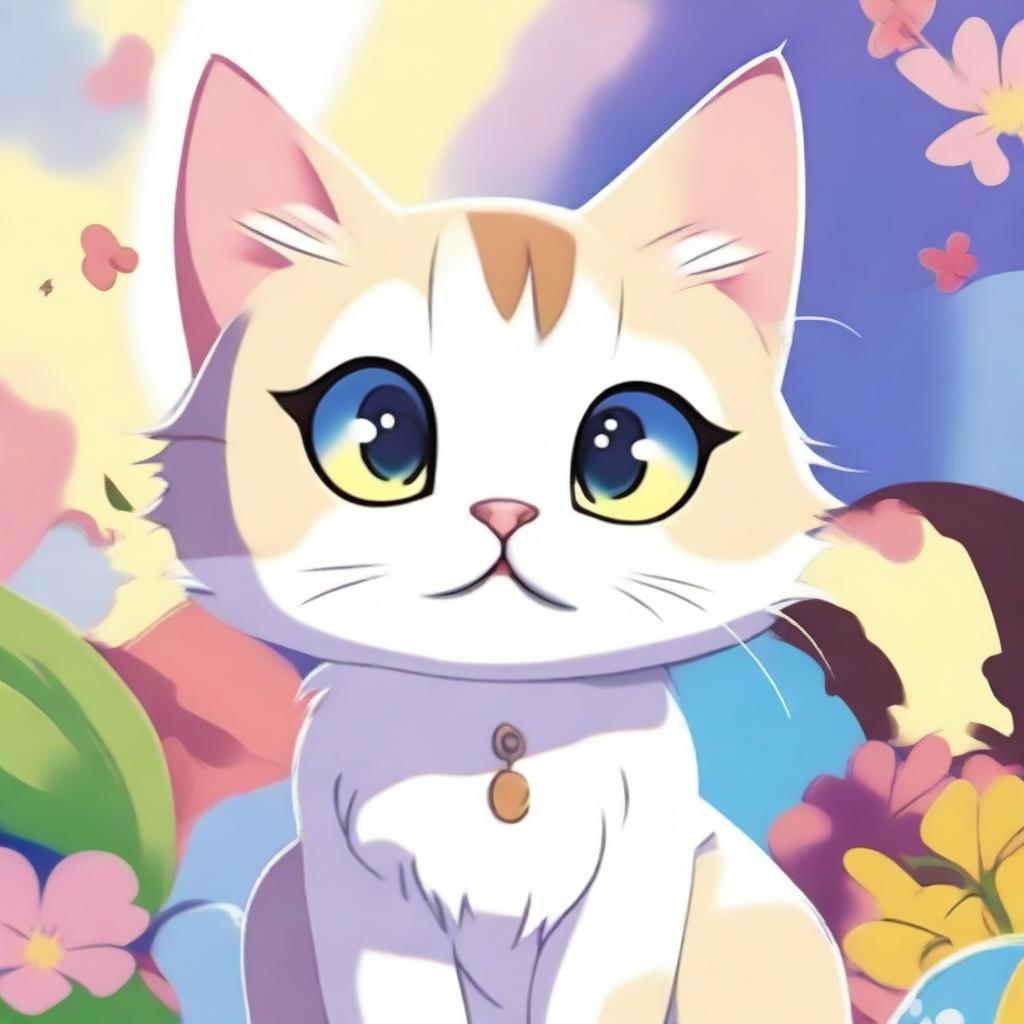 A cute cat depicted in an anime style, with large expressive eyes, a small nose, and a fluffy tail