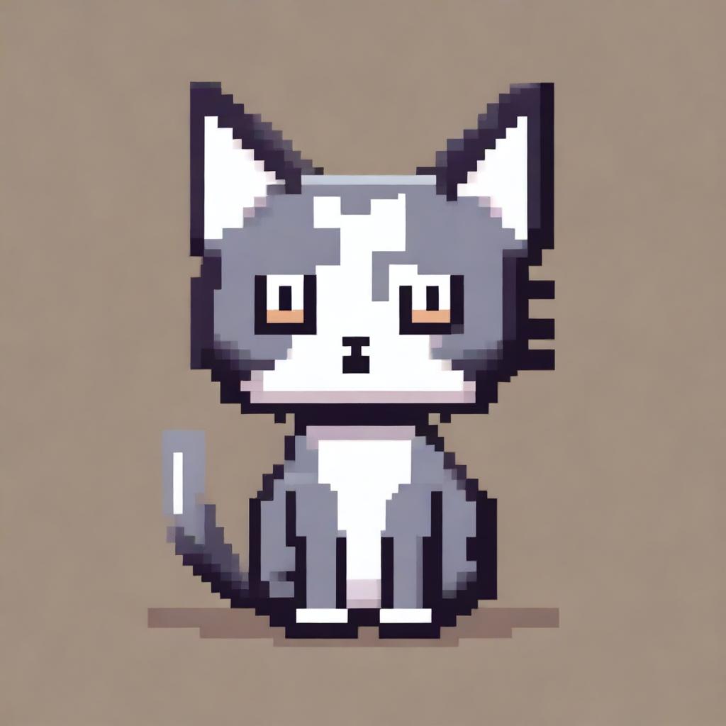 A pixel art depiction of a cat, featuring simple and blocky shapes with a charming and retro aesthetic