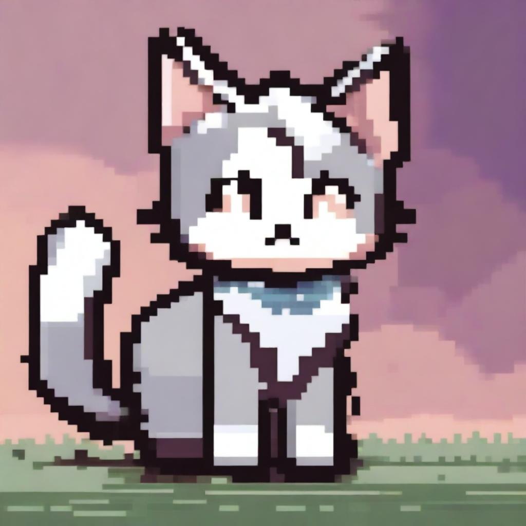 A pixel art depiction of a cat in an anime style, featuring simple and blocky shapes with a charming and retro aesthetic