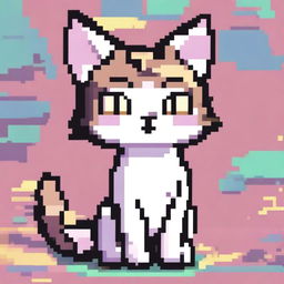 A pixel art depiction of a cat in an anime style, featuring simple and blocky shapes with a charming and retro aesthetic