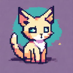 A pixel art depiction of a cat in an anime style, featuring simple and blocky shapes with a charming and retro aesthetic