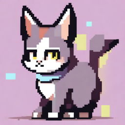 A pixel art depiction of a cat in an anime style, featuring simple and blocky shapes with a charming and retro aesthetic