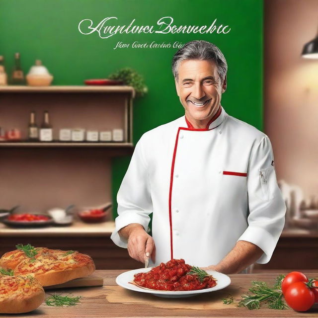 Create a book cover featuring a charismatic chef in love with his colleague, set against the backdrop of the grand opening of a new Italian restaurant