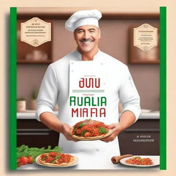 Create a book cover featuring a charismatic chef in love with his colleague, set against the backdrop of the grand opening of a new Italian restaurant