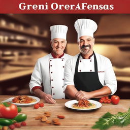 Create a book cover featuring a charismatic chef in love with his colleague, set against the backdrop of the grand opening of a new Italian restaurant