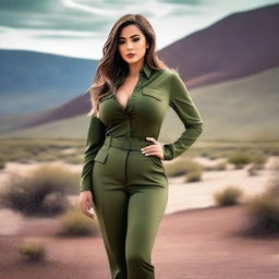 A seductive figure wearing an army green outfit, exuding confidence and allure