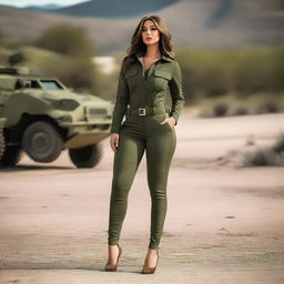 A seductive figure wearing an army green outfit, exuding confidence and allure