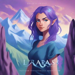 A beautiful young woman with pointy ears, purple hair, and sky blue eyes standing on top of a mountain