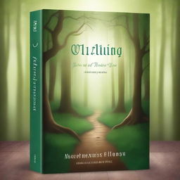 Create a book cover with an enchanting forest background, featuring a mysterious path leading into the woods