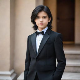 The attractive boy with jet black, long wolf-cut hair, a small cute face, and broad shoulders is elegantly dressed in a sharply tailored tuxedo.