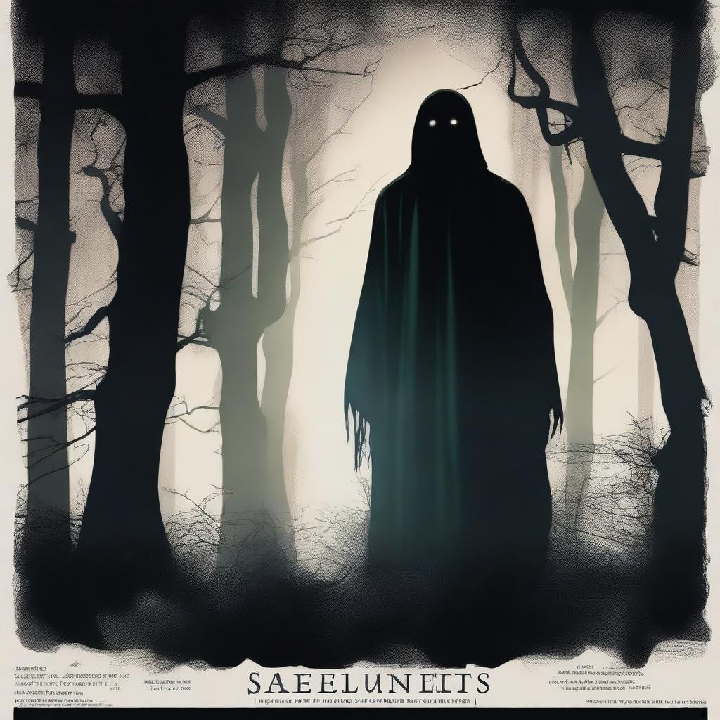 A movie poster featuring a ghostly figure standing in a dense forest surrounded by trees at night