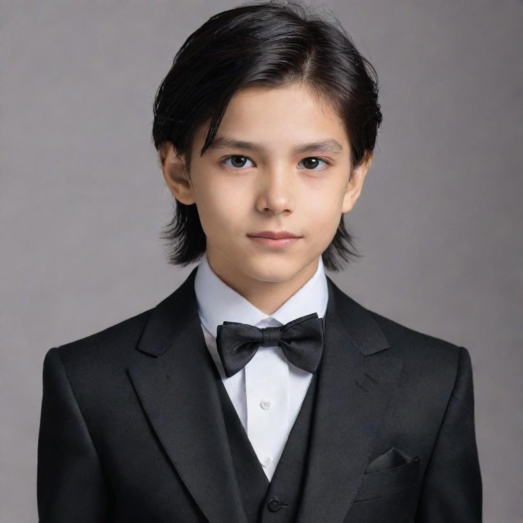 The attractive boy with jet black, long wolf-cut hair, a small cute face, and broad shoulders is elegantly dressed in a sharply tailored tuxedo.