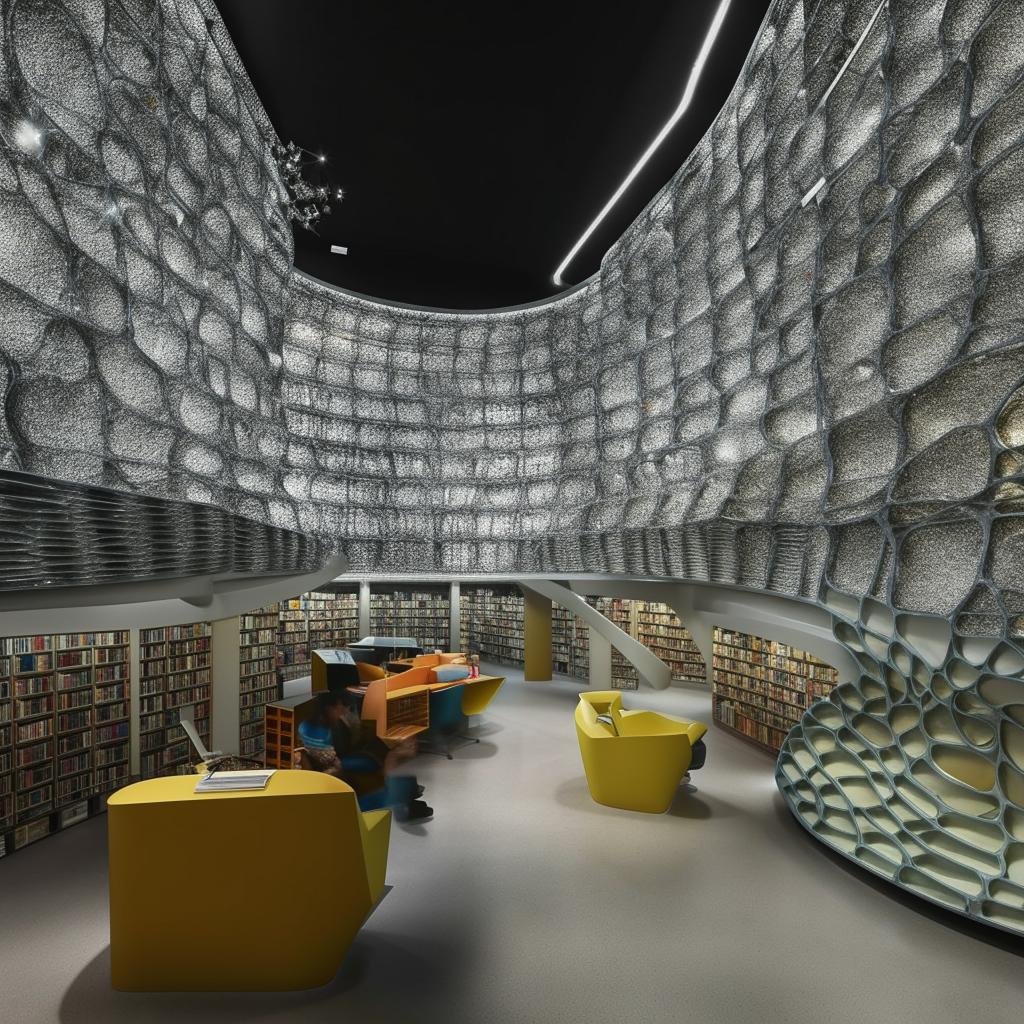 A unique library inspired by the structure of a human brain; intricate neuron-like bookshelves, lobule-inspired reading corners, and cerebral cortex themed entrance.