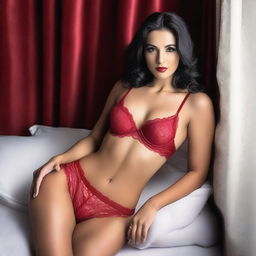 A sexy woman wearing red lingerie, posing seductively