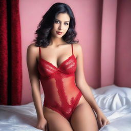 A sexy woman wearing red lingerie, posing seductively