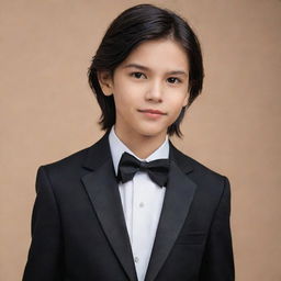 The attractive boy with jet black, long wolf-cut hair, a small cute face, and broad shoulders is elegantly dressed in a sharply tailored tuxedo.