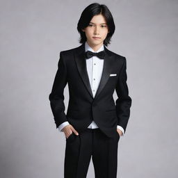 The attractive boy with jet black, long wolf-cut hair, a small cute face, and broad shoulders is elegantly dressed in a sharply tailored tuxedo.