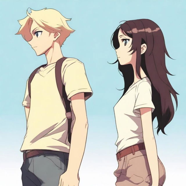 A tall blonde boy and a short brunette girl standing back to back, looking at each other