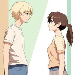 A tall blonde boy and a short brunette girl standing back to back, looking at each other