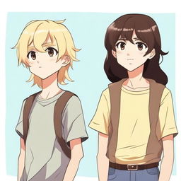 A tall blonde boy and a short brunette girl standing back to back, looking at each other