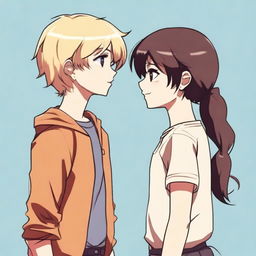 A tall blonde boy and a short brunette girl standing back to back, looking at each other