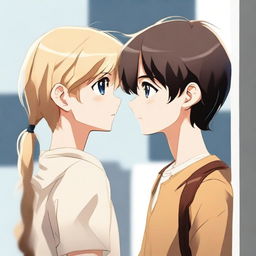 A tall blonde boy and a short brunette girl standing back to back, glancing at each other from the corner of their eyes